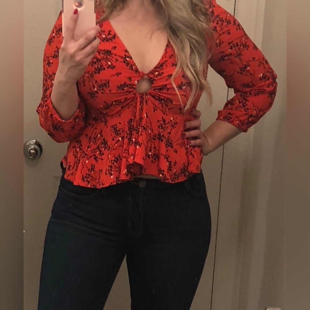TopShop red peplum tie front style top